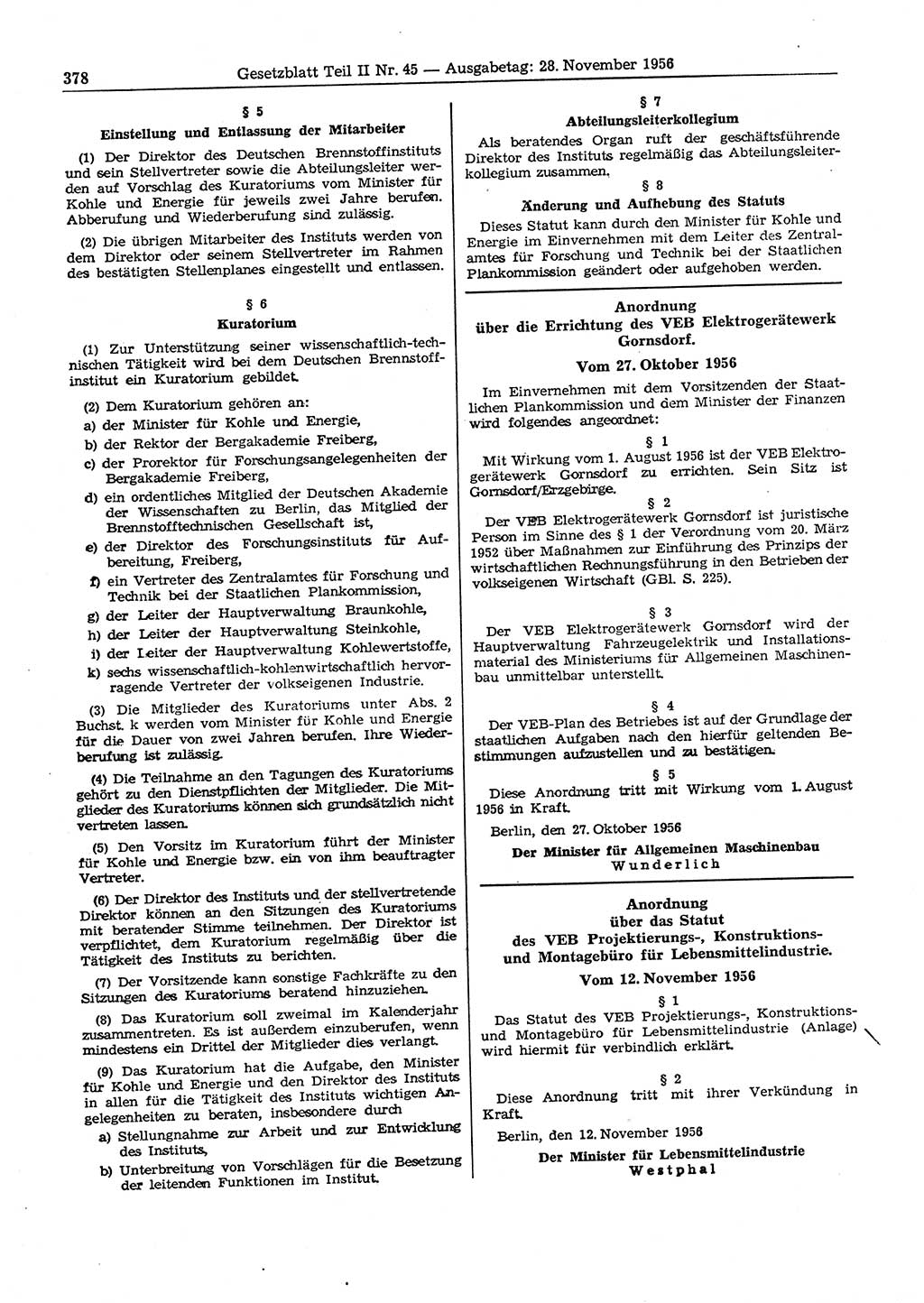 Gesetzblatt (GBl.) der Deutschen Demokratischen Republik (DDR) Teil ⅠⅠ 1956, Seite 378 (GBl. DDR ⅠⅠ 1956, S. 378)