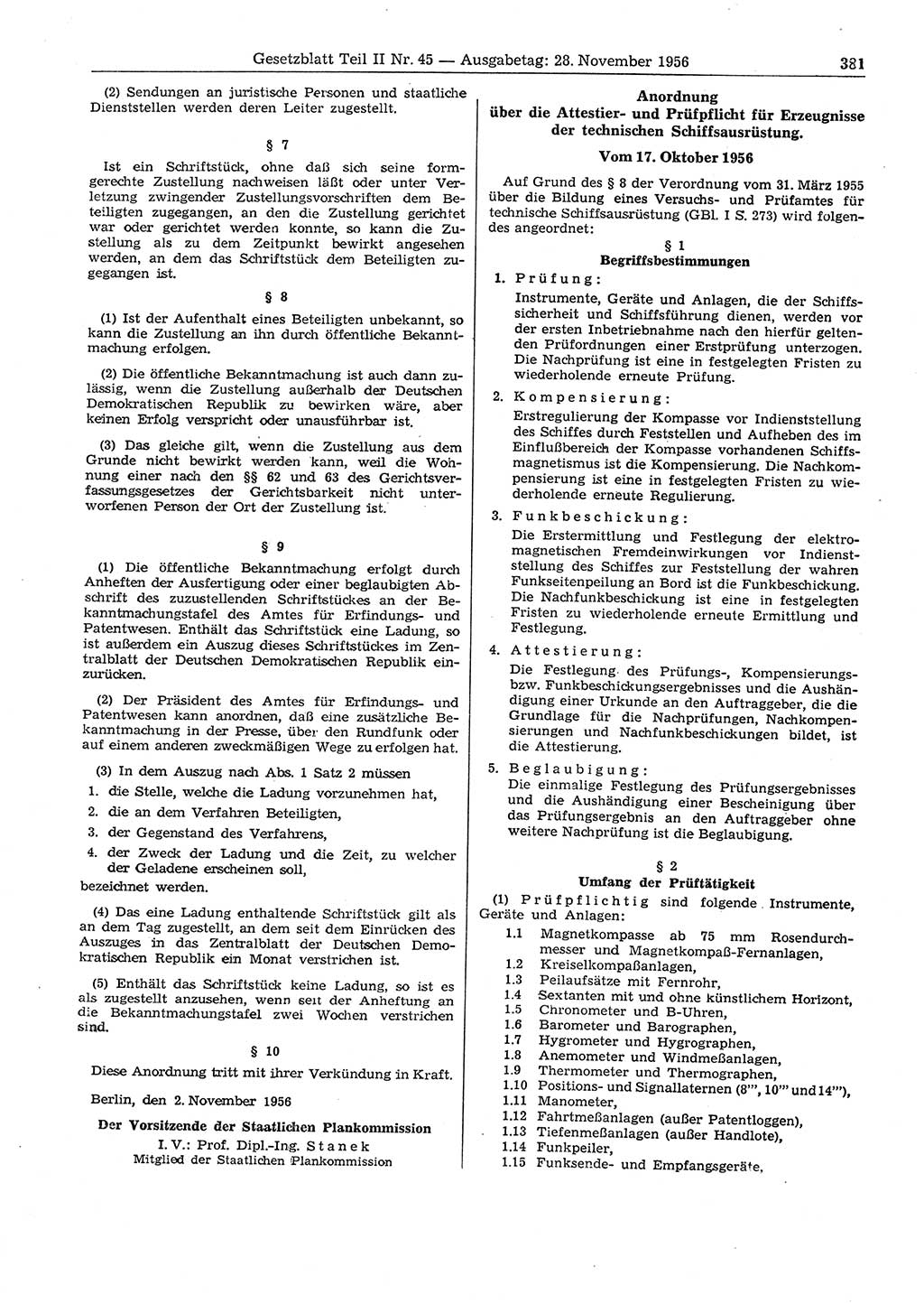 Gesetzblatt (GBl.) der Deutschen Demokratischen Republik (DDR) Teil ⅠⅠ 1956, Seite 381 (GBl. DDR ⅠⅠ 1956, S. 381)