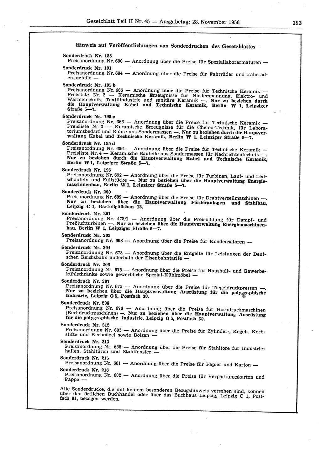 Gesetzblatt (GBl.) der Deutschen Demokratischen Republik (DDR) Teil ⅠⅠ 1956, Seite 383 (GBl. DDR ⅠⅠ 1956, S. 383)