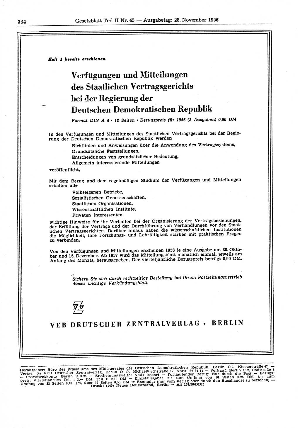 Gesetzblatt (GBl.) der Deutschen Demokratischen Republik (DDR) Teil ⅠⅠ 1956, Seite 384 (GBl. DDR ⅠⅠ 1956, S. 384)