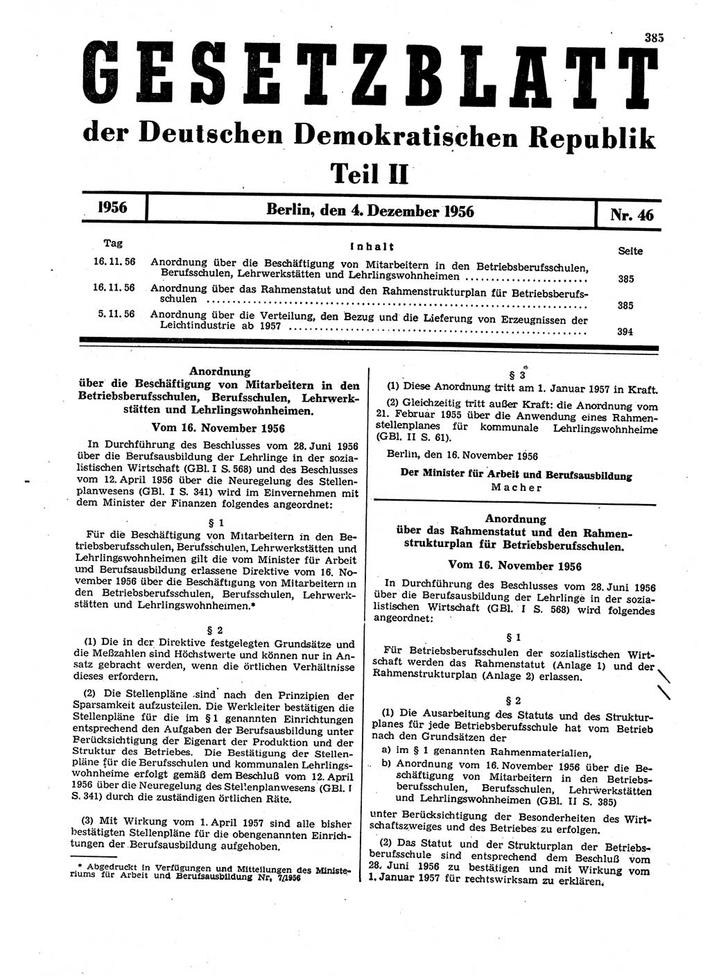 Gesetzblatt (GBl.) der Deutschen Demokratischen Republik (DDR) Teil ⅠⅠ 1956, Seite 385 (GBl. DDR ⅠⅠ 1956, S. 385)