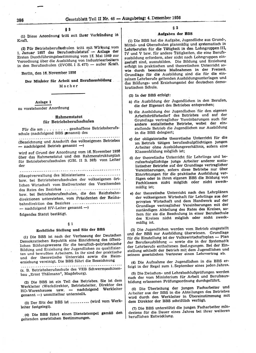 Gesetzblatt (GBl.) der Deutschen Demokratischen Republik (DDR) Teil ⅠⅠ 1956, Seite 386 (GBl. DDR ⅠⅠ 1956, S. 386)