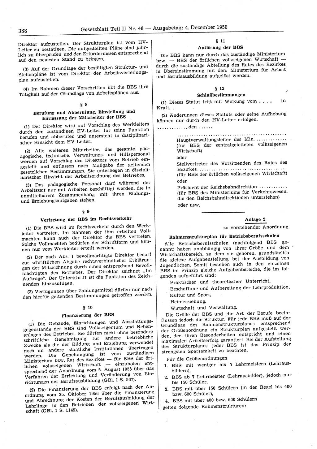 Gesetzblatt (GBl.) der Deutschen Demokratischen Republik (DDR) Teil ⅠⅠ 1956, Seite 388 (GBl. DDR ⅠⅠ 1956, S. 388)