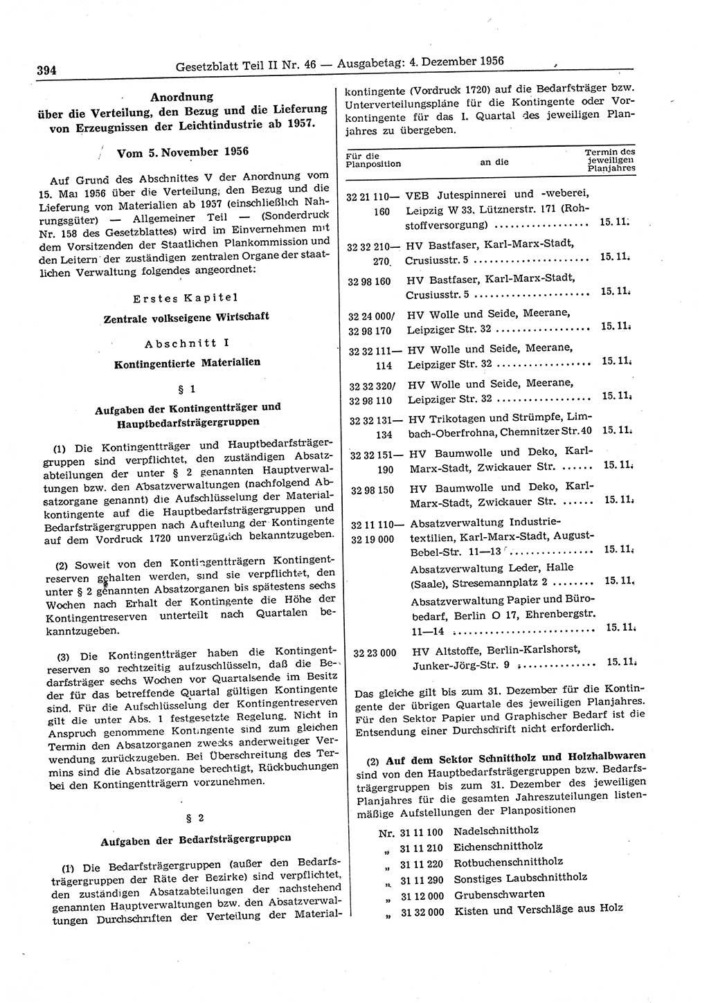 Gesetzblatt (GBl.) der Deutschen Demokratischen Republik (DDR) Teil ⅠⅠ 1956, Seite 394 (GBl. DDR ⅠⅠ 1956, S. 394)
