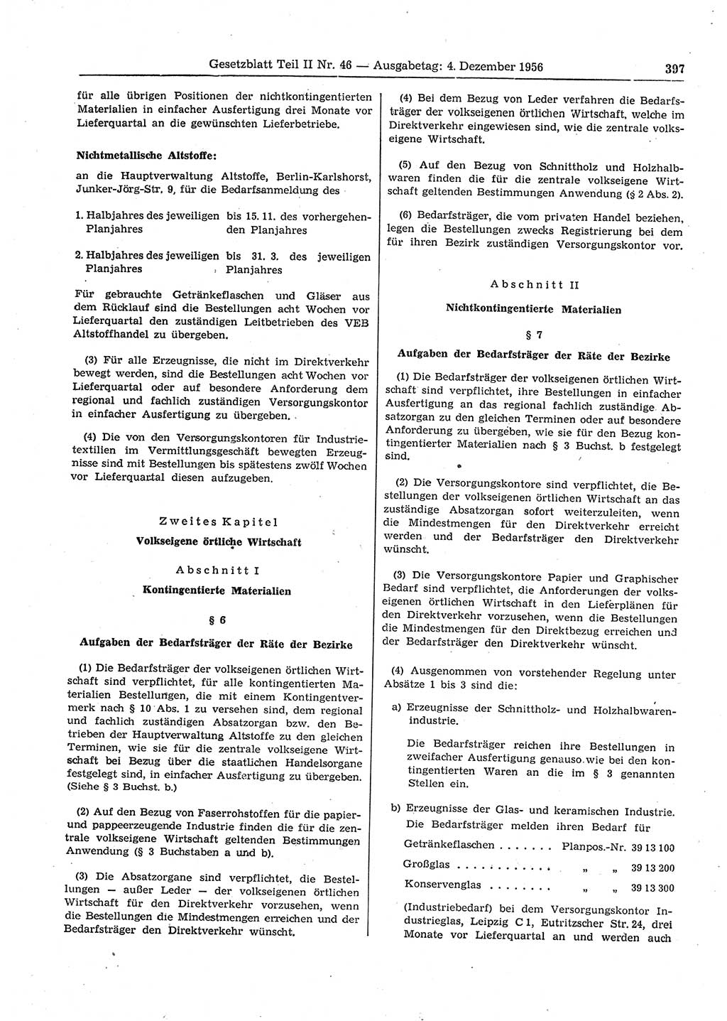 Gesetzblatt (GBl.) der Deutschen Demokratischen Republik (DDR) Teil ⅠⅠ 1956, Seite 397 (GBl. DDR ⅠⅠ 1956, S. 397)