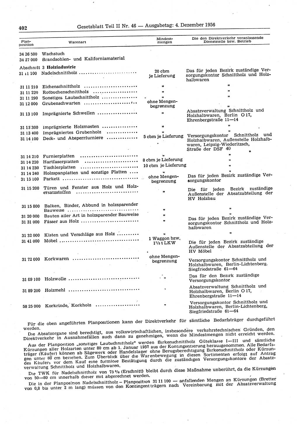 Gesetzblatt (GBl.) der Deutschen Demokratischen Republik (DDR) Teil ⅠⅠ 1956, Seite 402 (GBl. DDR ⅠⅠ 1956, S. 402)