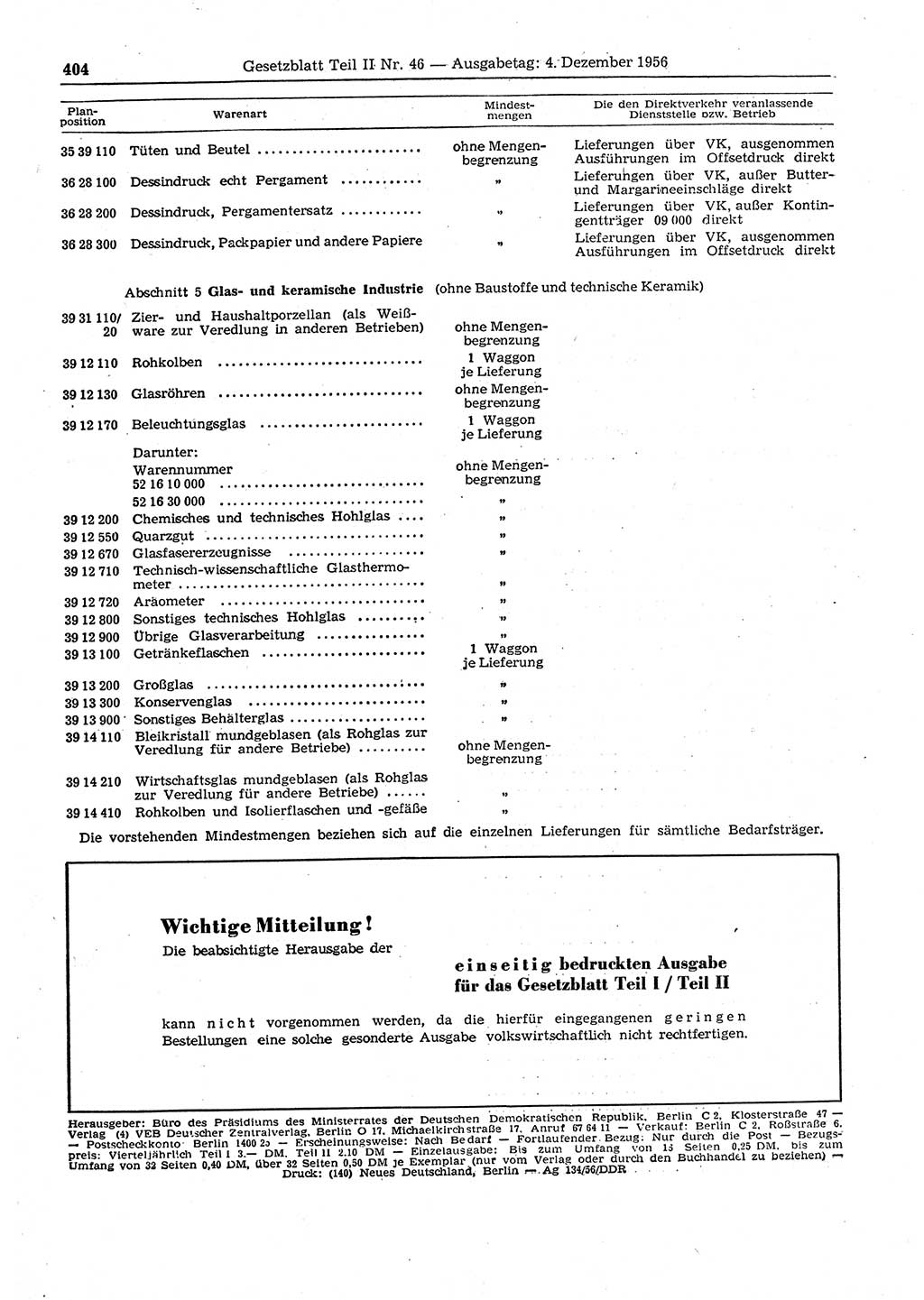 Gesetzblatt (GBl.) der Deutschen Demokratischen Republik (DDR) Teil ⅠⅠ 1956, Seite 404 (GBl. DDR ⅠⅠ 1956, S. 404)