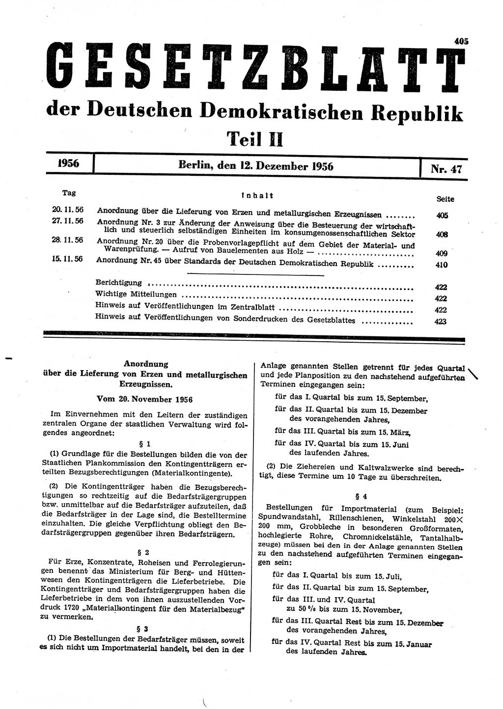 Gesetzblatt (GBl.) der Deutschen Demokratischen Republik (DDR) Teil ⅠⅠ 1956, Seite 405 (GBl. DDR ⅠⅠ 1956, S. 405)