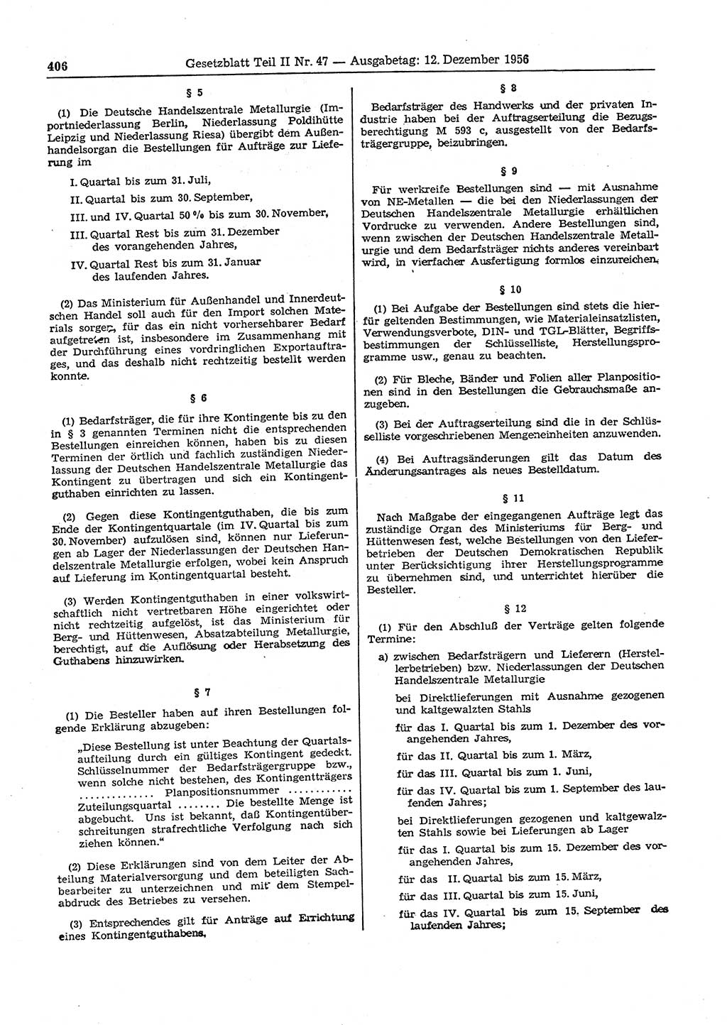 Gesetzblatt (GBl.) der Deutschen Demokratischen Republik (DDR) Teil ⅠⅠ 1956, Seite 406 (GBl. DDR ⅠⅠ 1956, S. 406)