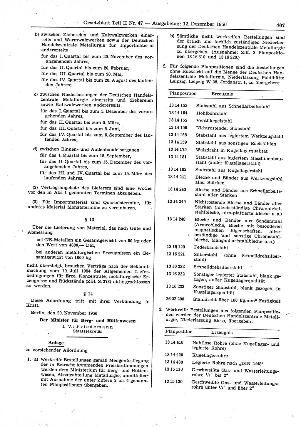 Gesetzblatt (GBl.) der Deutschen Demokratischen Republik (DDR) Teil ⅠⅠ 1956, Seite 407 (GBl. DDR ⅠⅠ 1956, S. 407)