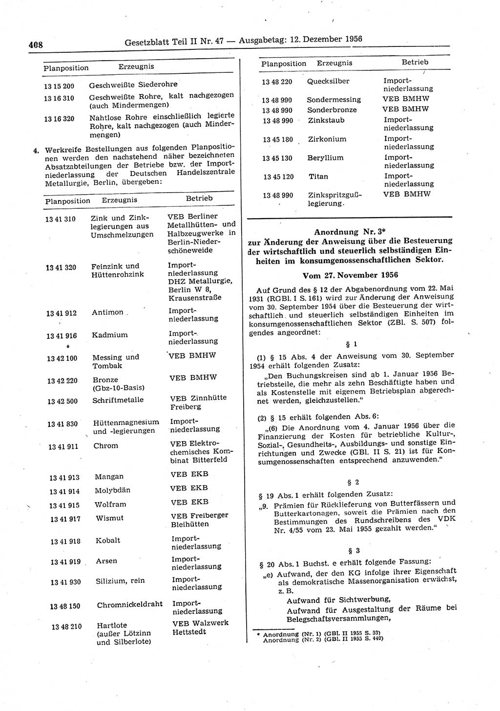 Gesetzblatt (GBl.) der Deutschen Demokratischen Republik (DDR) Teil ⅠⅠ 1956, Seite 408 (GBl. DDR ⅠⅠ 1956, S. 408)