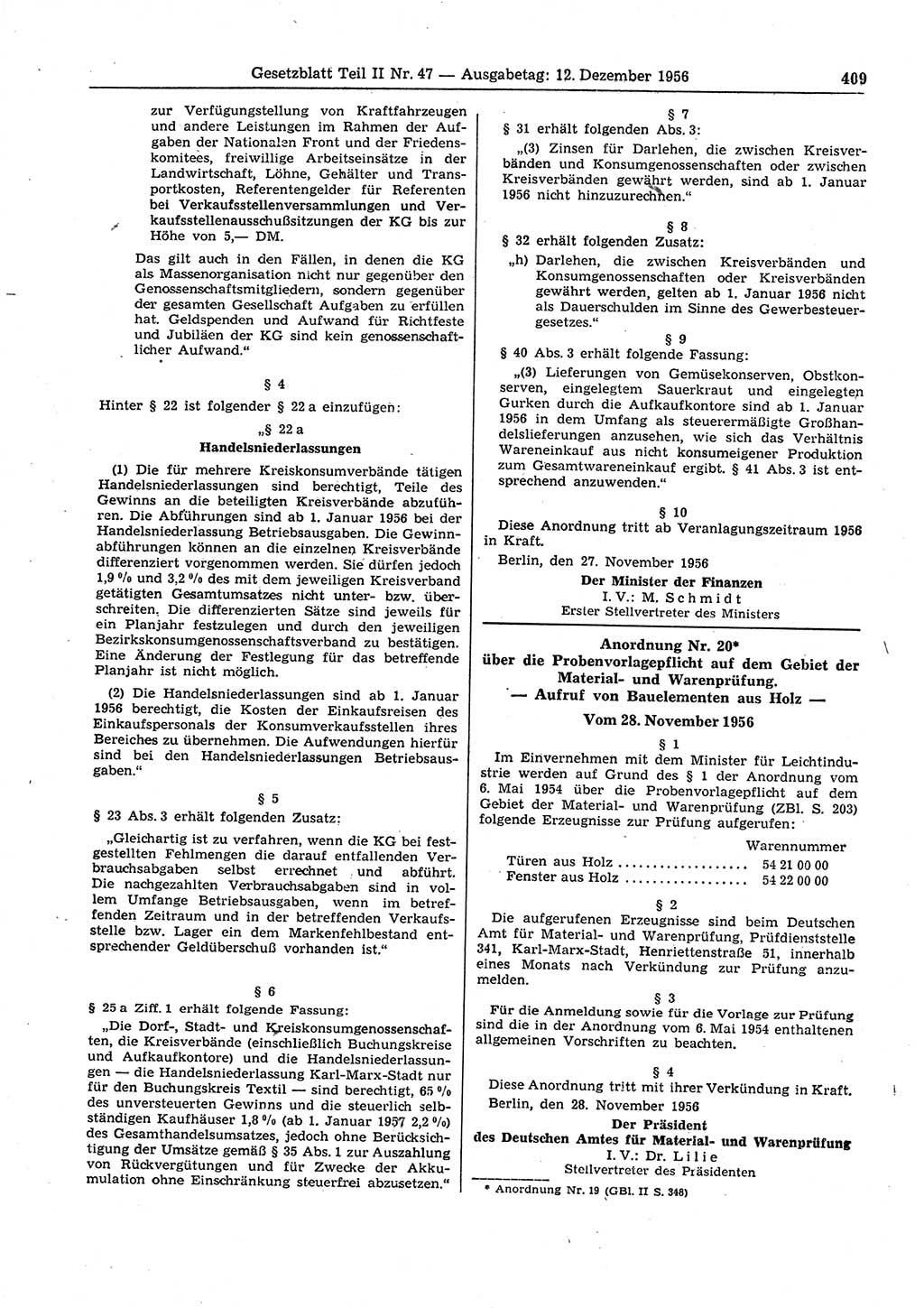 Gesetzblatt (GBl.) der Deutschen Demokratischen Republik (DDR) Teil ⅠⅠ 1956, Seite 409 (GBl. DDR ⅠⅠ 1956, S. 409)