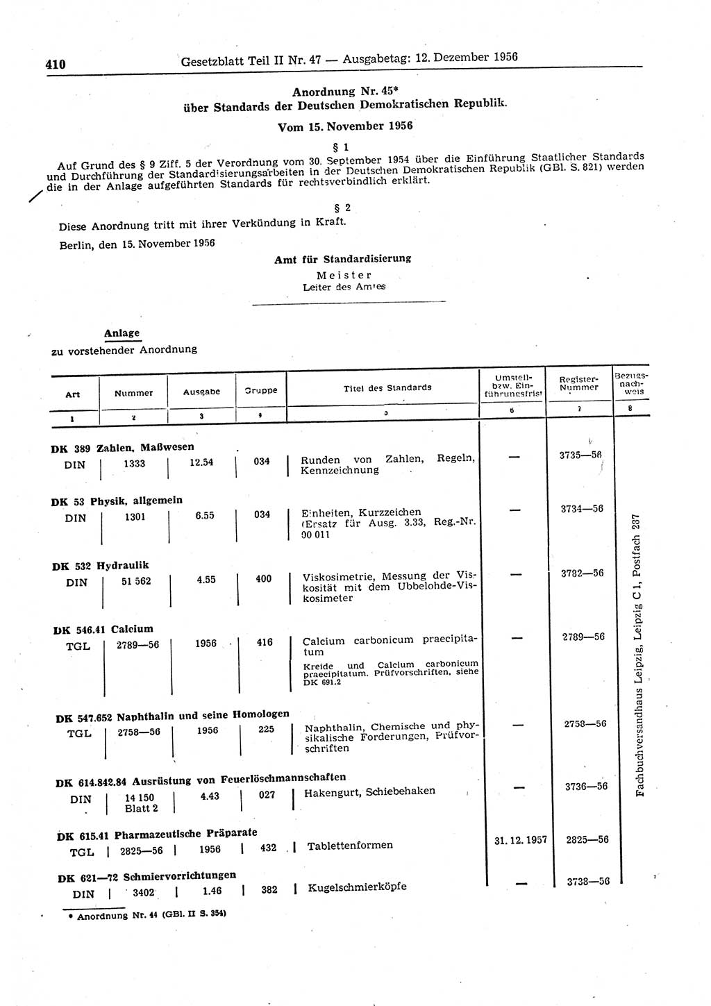 Gesetzblatt (GBl.) der Deutschen Demokratischen Republik (DDR) Teil ⅠⅠ 1956, Seite 410 (GBl. DDR ⅠⅠ 1956, S. 410)