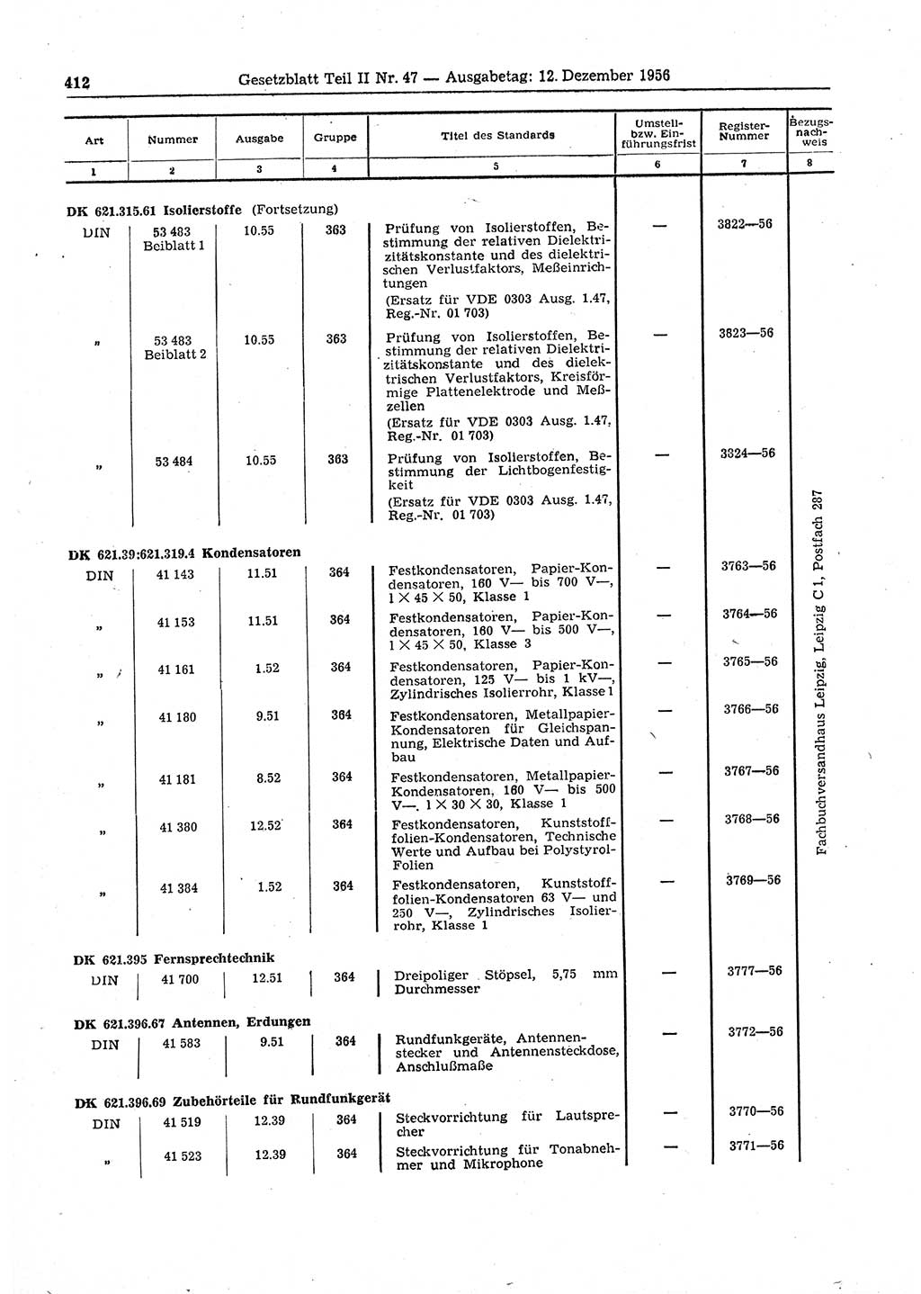 Gesetzblatt (GBl.) der Deutschen Demokratischen Republik (DDR) Teil ⅠⅠ 1956, Seite 412 (GBl. DDR ⅠⅠ 1956, S. 412)