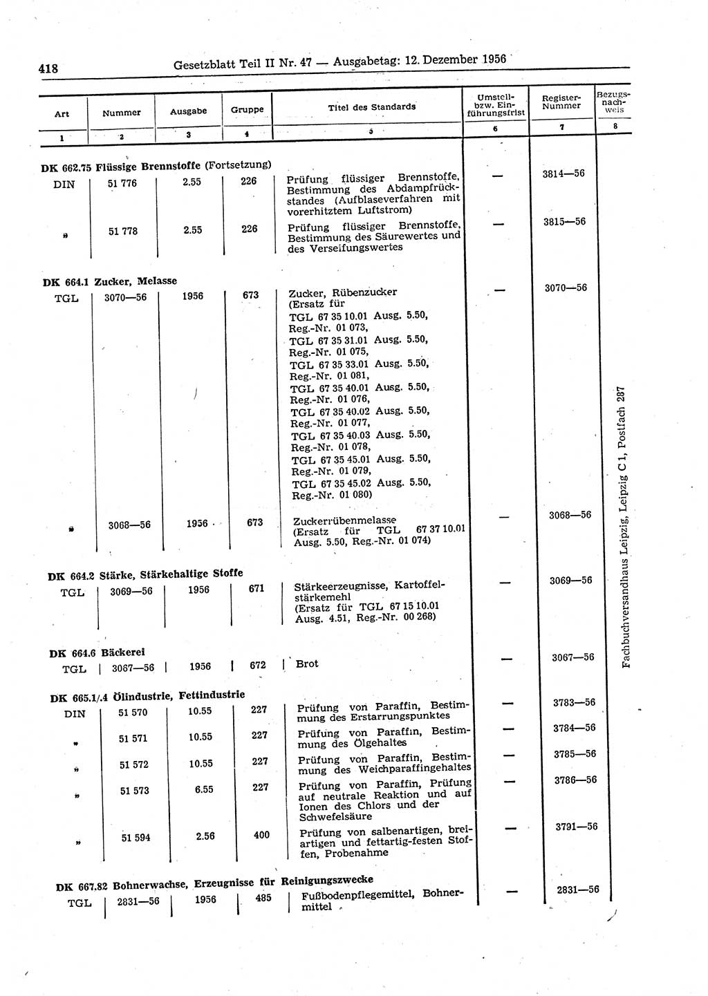 Gesetzblatt (GBl.) der Deutschen Demokratischen Republik (DDR) Teil ⅠⅠ 1956, Seite 418 (GBl. DDR ⅠⅠ 1956, S. 418)