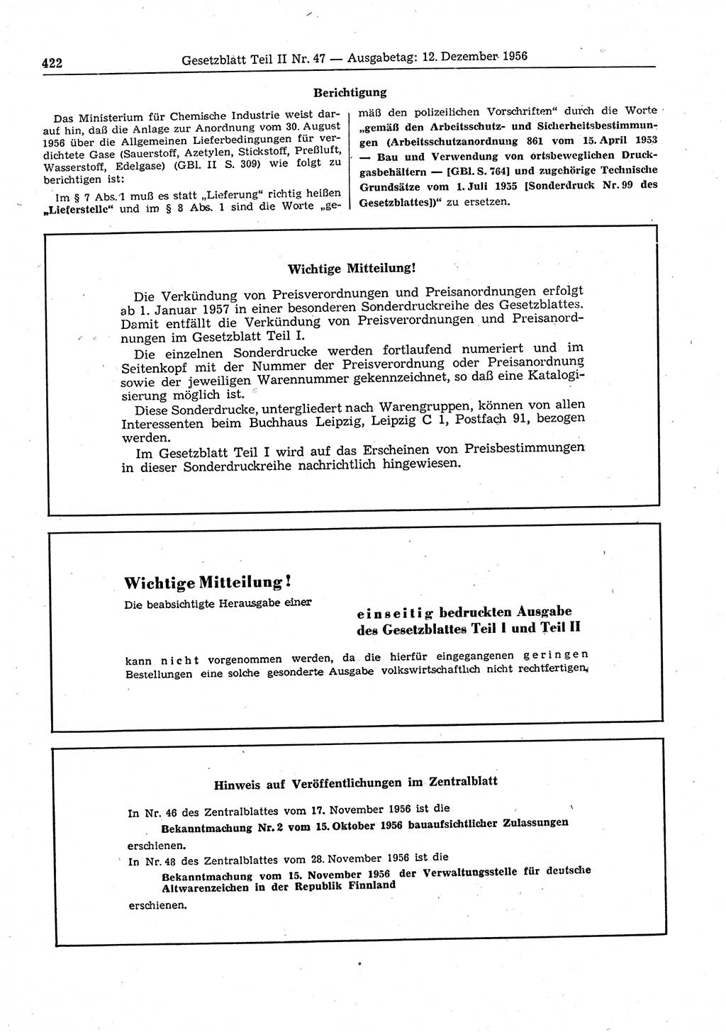 Gesetzblatt (GBl.) der Deutschen Demokratischen Republik (DDR) Teil ⅠⅠ 1956, Seite 422 (GBl. DDR ⅠⅠ 1956, S. 422)