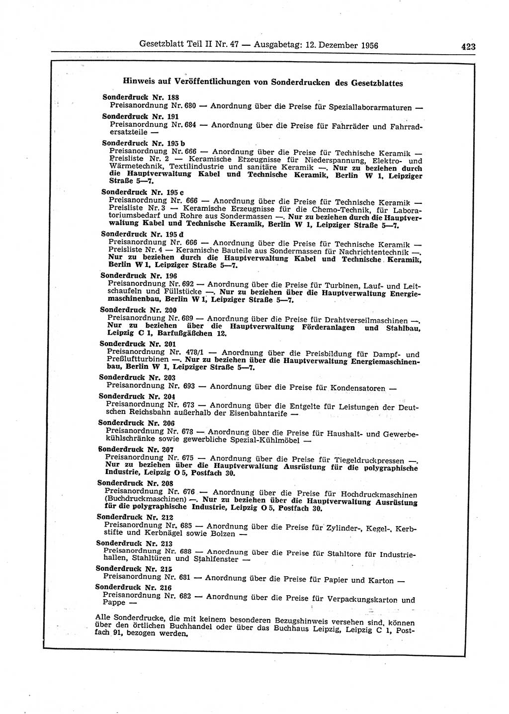 Gesetzblatt (GBl.) der Deutschen Demokratischen Republik (DDR) Teil ⅠⅠ 1956, Seite 423 (GBl. DDR ⅠⅠ 1956, S. 423)