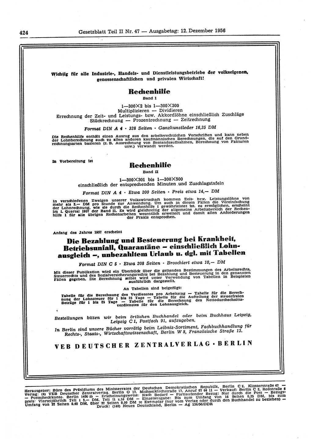 Gesetzblatt (GBl.) der Deutschen Demokratischen Republik (DDR) Teil ⅠⅠ 1956, Seite 424 (GBl. DDR ⅠⅠ 1956, S. 424)