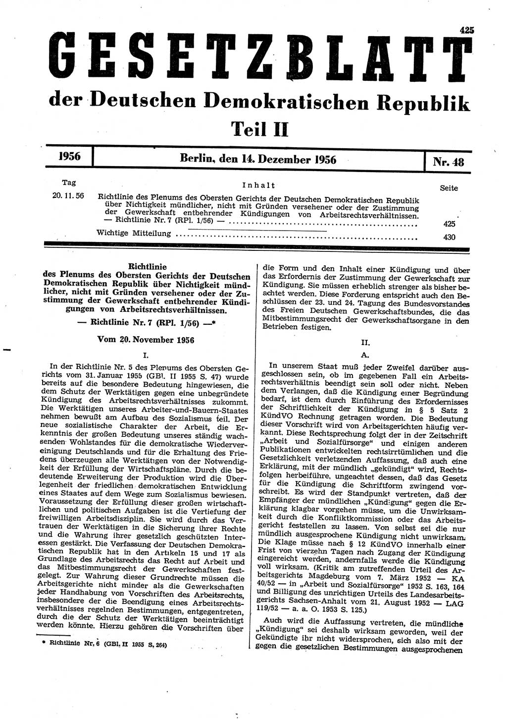 Gesetzblatt (GBl.) der Deutschen Demokratischen Republik (DDR) Teil ⅠⅠ 1956, Seite 425 (GBl. DDR ⅠⅠ 1956, S. 425)