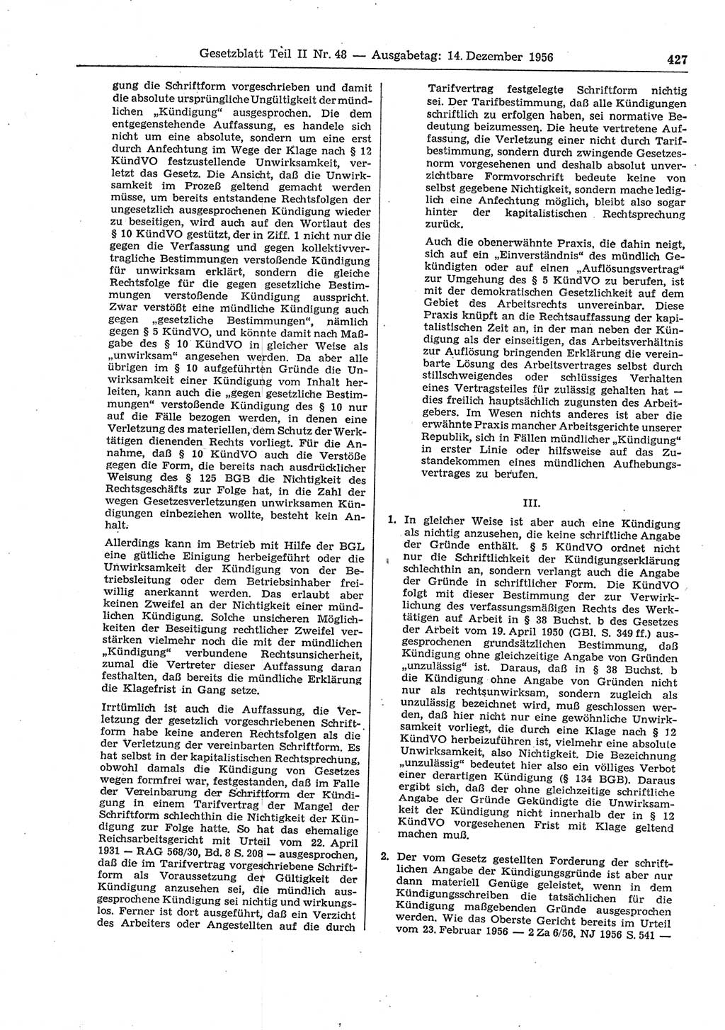 Gesetzblatt (GBl.) der Deutschen Demokratischen Republik (DDR) Teil ⅠⅠ 1956, Seite 427 (GBl. DDR ⅠⅠ 1956, S. 427)