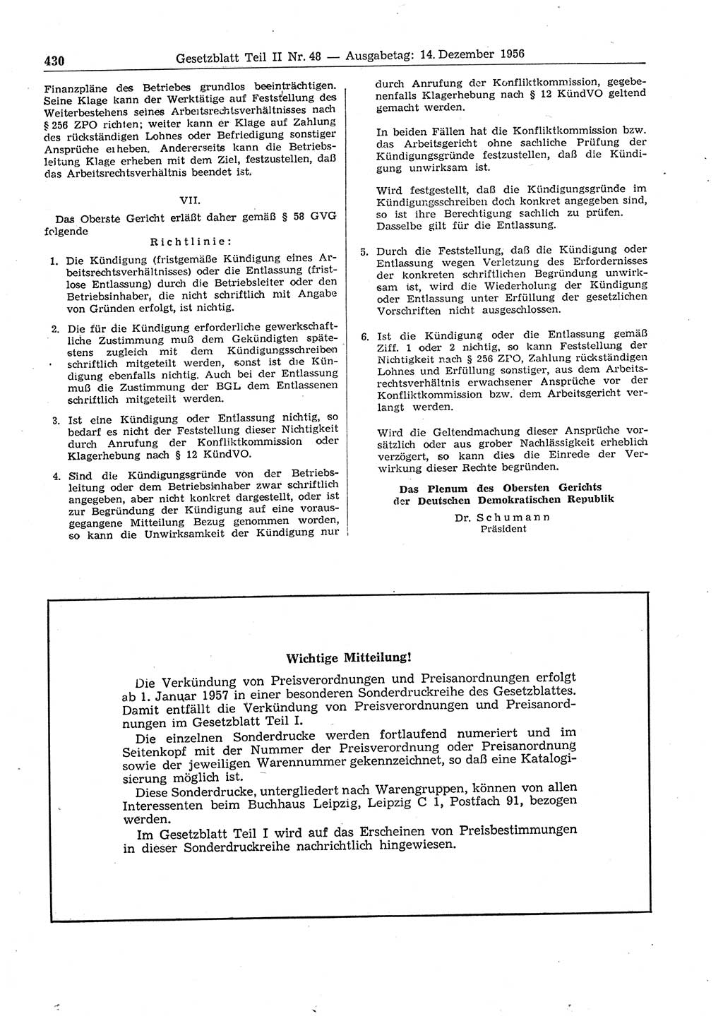 Gesetzblatt (GBl.) der Deutschen Demokratischen Republik (DDR) Teil ⅠⅠ 1956, Seite 430 (GBl. DDR ⅠⅠ 1956, S. 430)
