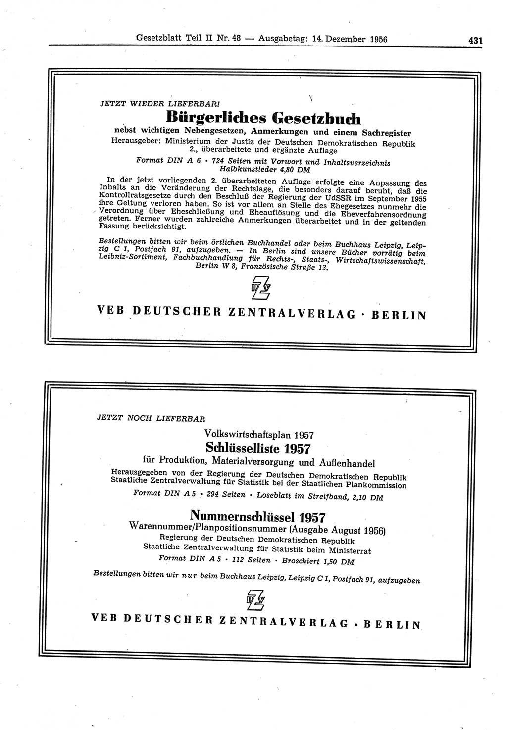 Gesetzblatt (GBl.) der Deutschen Demokratischen Republik (DDR) Teil ⅠⅠ 1956, Seite 431 (GBl. DDR ⅠⅠ 1956, S. 431)