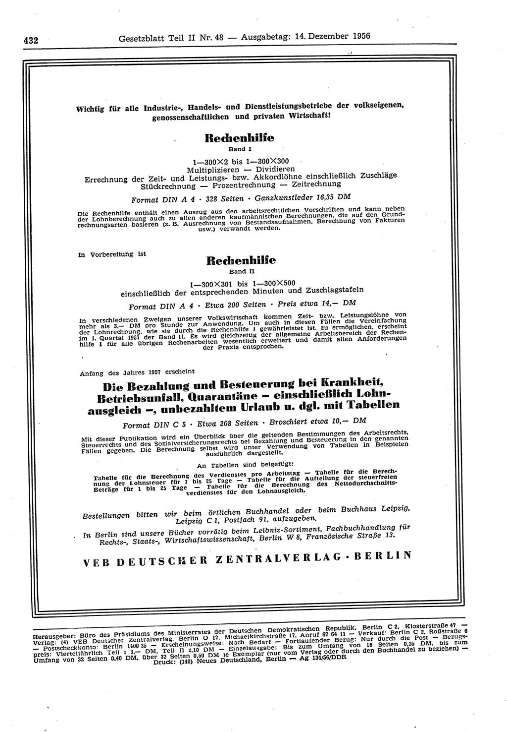 Gesetzblatt (GBl.) der Deutschen Demokratischen Republik (DDR) Teil ⅠⅠ 1956, Seite 432 (GBl. DDR ⅠⅠ 1956, S. 432)