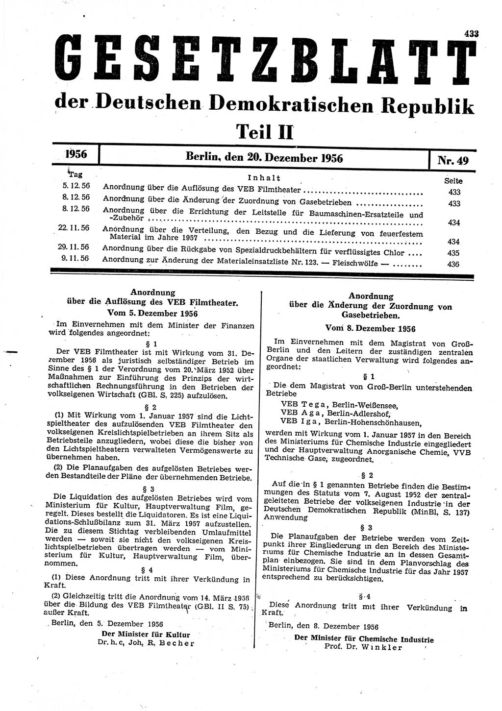 Gesetzblatt (GBl.) der Deutschen Demokratischen Republik (DDR) Teil ⅠⅠ 1956, Seite 433 (GBl. DDR ⅠⅠ 1956, S. 433)