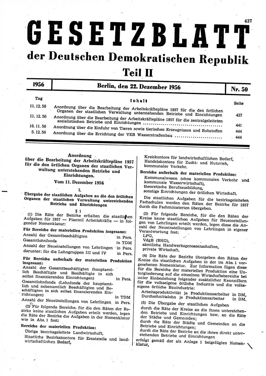 Gesetzblatt (GBl.) der Deutschen Demokratischen Republik (DDR) Teil ⅠⅠ 1956, Seite 437 (GBl. DDR ⅠⅠ 1956, S. 437)