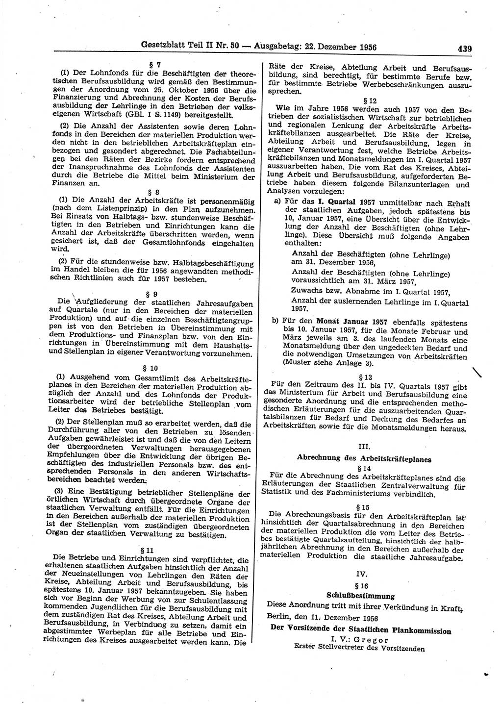 Gesetzblatt (GBl.) der Deutschen Demokratischen Republik (DDR) Teil ⅠⅠ 1956, Seite 439 (GBl. DDR ⅠⅠ 1956, S. 439)