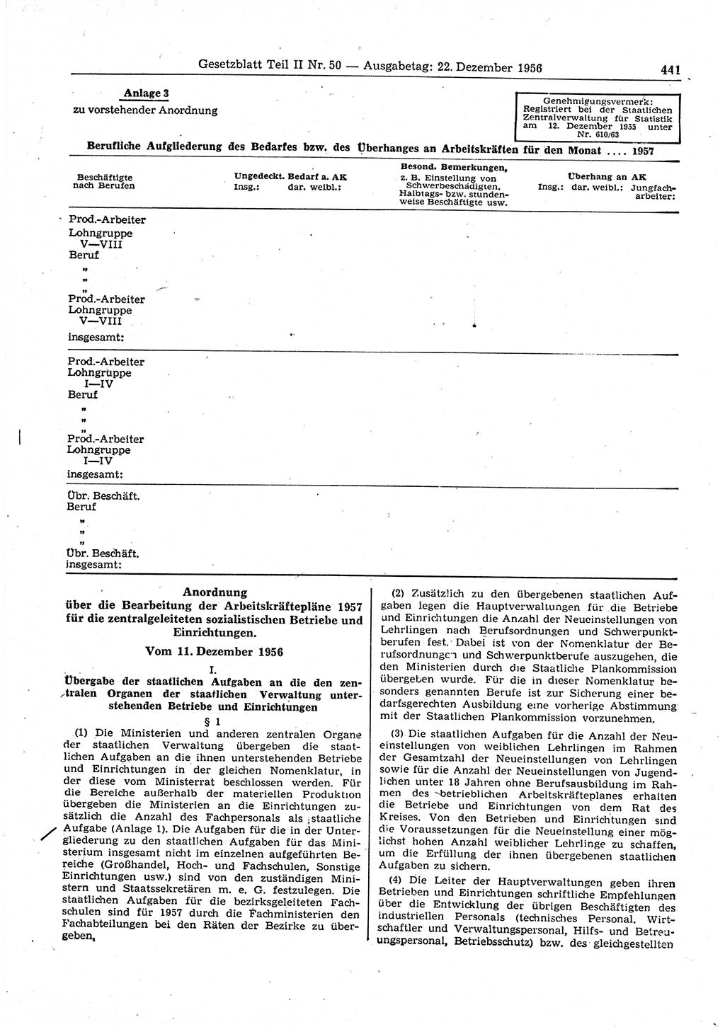 Gesetzblatt (GBl.) der Deutschen Demokratischen Republik (DDR) Teil ⅠⅠ 1956, Seite 441 (GBl. DDR ⅠⅠ 1956, S. 441)