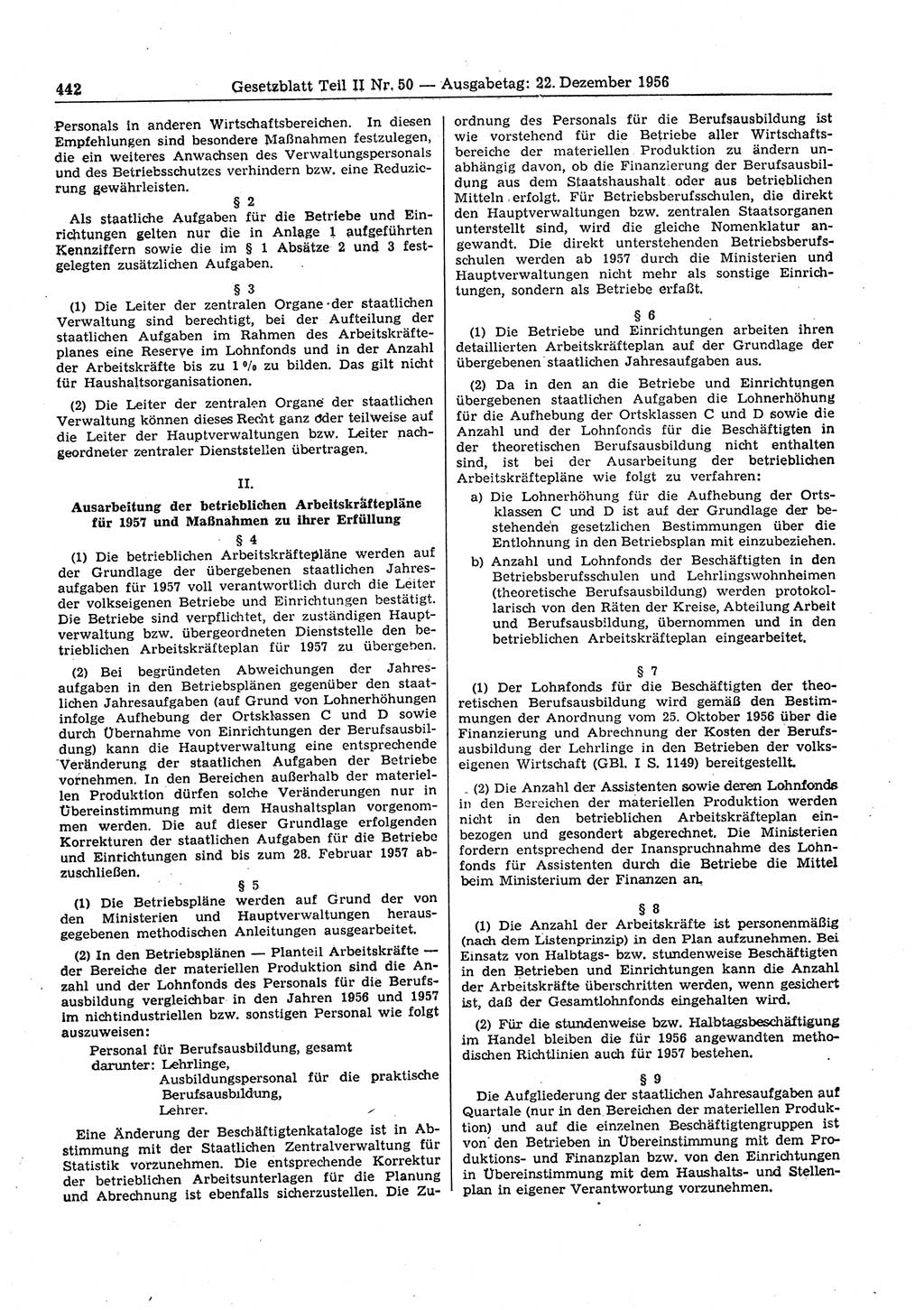 Gesetzblatt (GBl.) der Deutschen Demokratischen Republik (DDR) Teil ⅠⅠ 1956, Seite 442 (GBl. DDR ⅠⅠ 1956, S. 442)