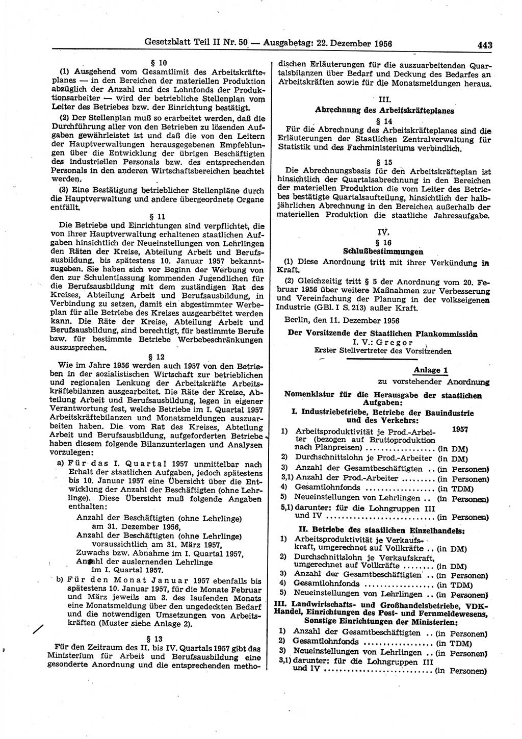 Gesetzblatt (GBl.) der Deutschen Demokratischen Republik (DDR) Teil ⅠⅠ 1956, Seite 443 (GBl. DDR ⅠⅠ 1956, S. 443)
