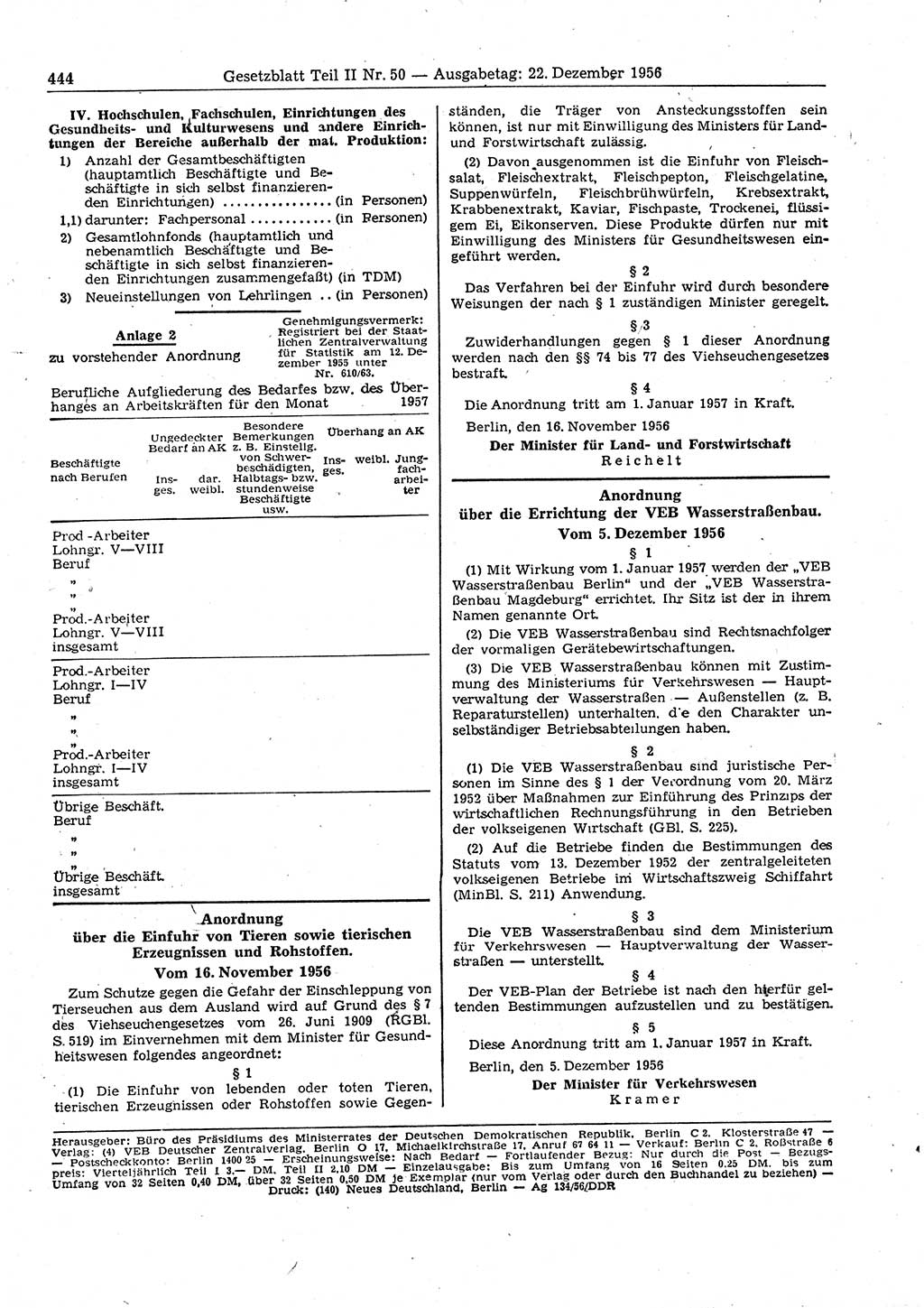 Gesetzblatt (GBl.) der Deutschen Demokratischen Republik (DDR) Teil ⅠⅠ 1956, Seite 444 (GBl. DDR ⅠⅠ 1956, S. 444)