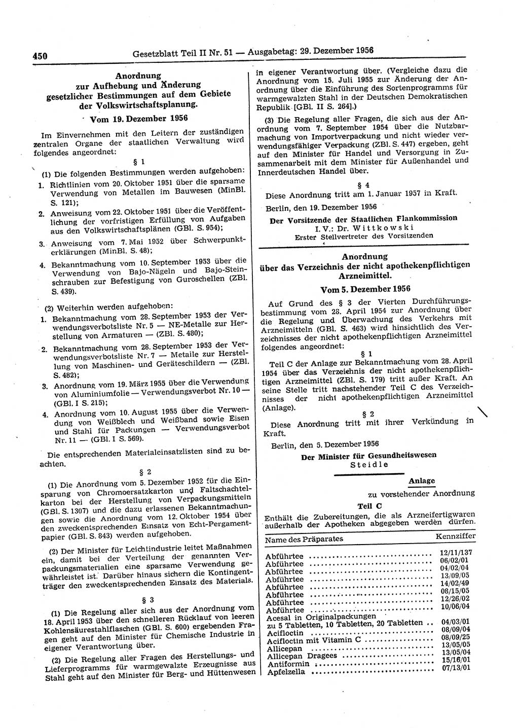 Gesetzblatt (GBl.) der Deutschen Demokratischen Republik (DDR) Teil ⅠⅠ 1956, Seite 450 (GBl. DDR ⅠⅠ 1956, S. 450)
