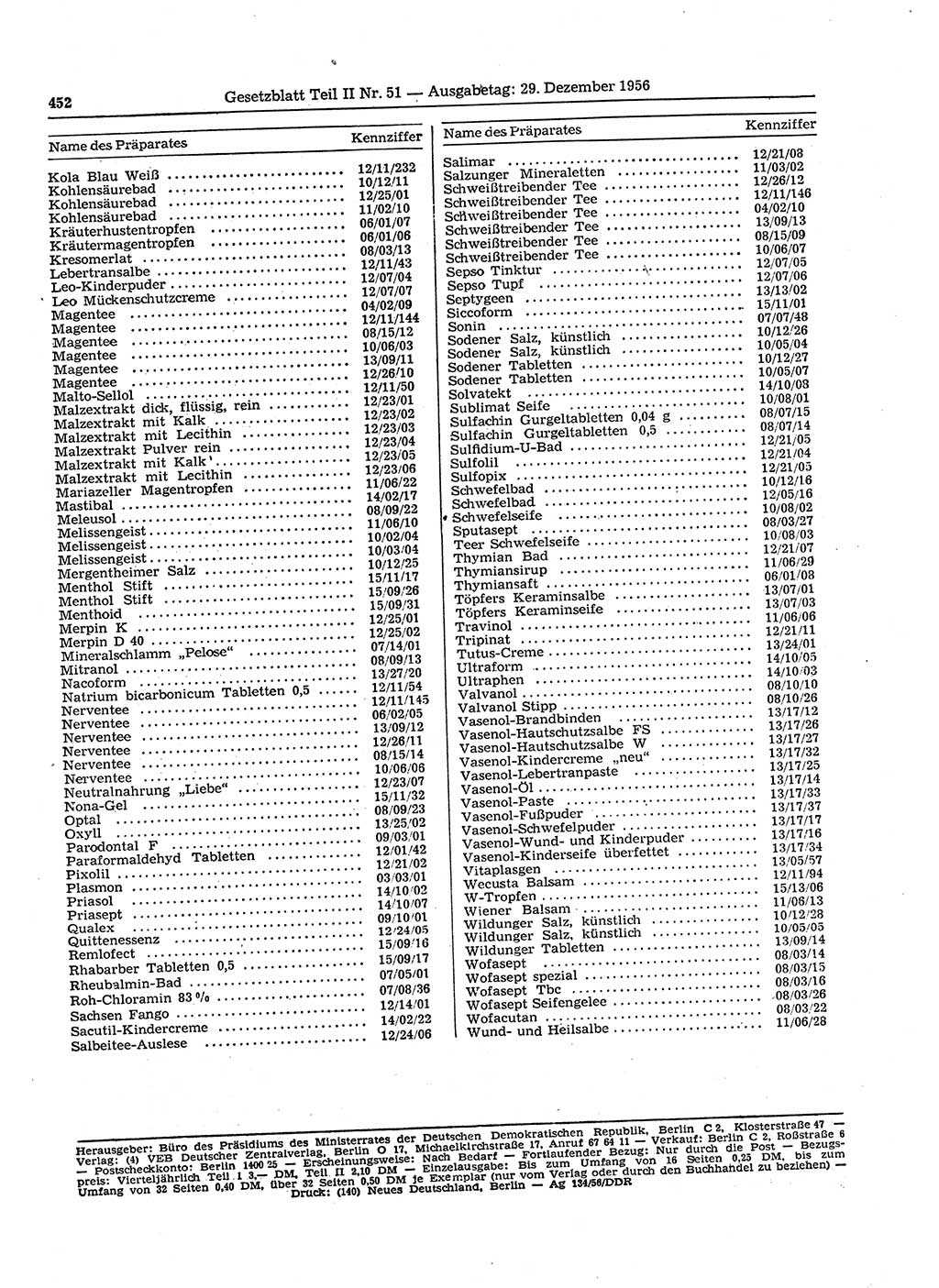 Gesetzblatt (GBl.) der Deutschen Demokratischen Republik (DDR) Teil ⅠⅠ 1956, Seite 452 (GBl. DDR ⅠⅠ 1956, S. 452)