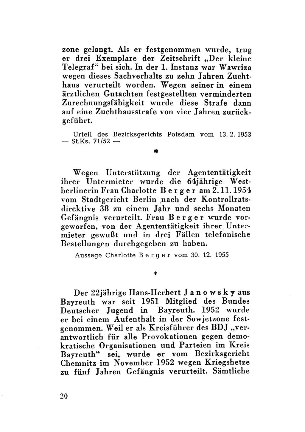 Katalog des Unrechts, Untersuchungsausschuß Freiheitlicher Juristen (UfJ) [Bundesrepublik Deutschland (BRD)] 1956, Seite 20 (Kat. UnR. UfJ BRD 1956, S. 20)