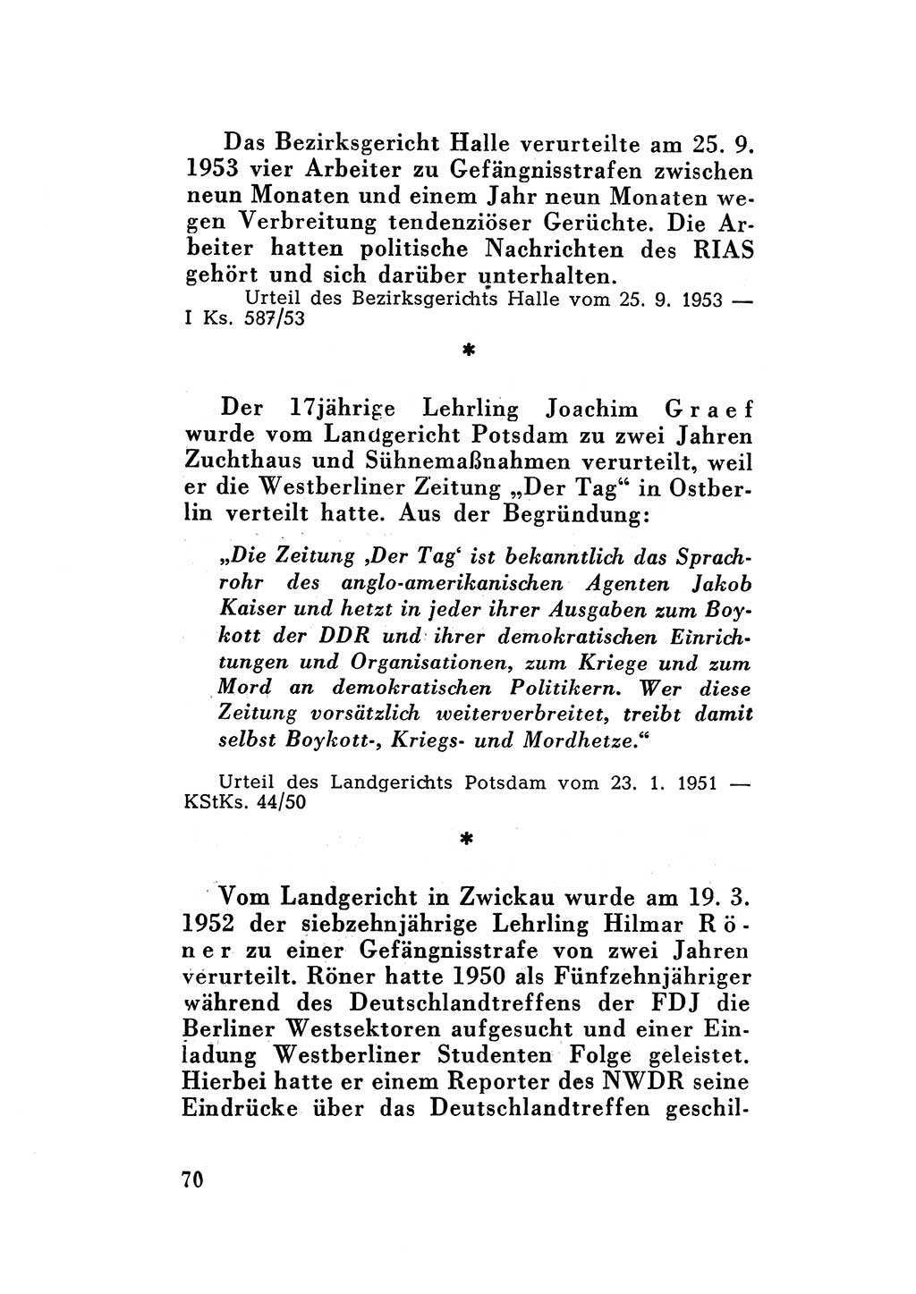 Katalog des Unrechts, Untersuchungsausschuß Freiheitlicher Juristen (UfJ) [Bundesrepublik Deutschland (BRD)] 1956, Seite 70 (Kat. UnR. UfJ BRD 1956, S. 70)