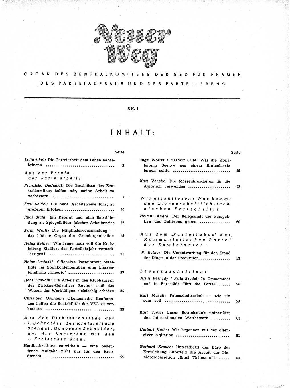 Neuer Weg (NW), Organ des Zentralkomitees (ZK) der SED (Sozialistische Einheitspartei Deutschlands) für Fragen des Parteiaufbaus und des Parteilebens, 11. Jahrgang [Deutsche Demokratische Republik (DDR)] 1956, Seite 1 (NW ZK SED DDR 1956, S. 1)