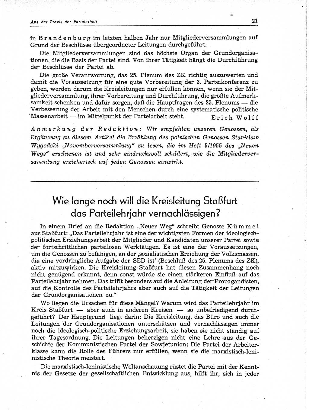 Neuer Weg (NW), Organ des Zentralkomitees (ZK) der SED (Sozialistische Einheitspartei Deutschlands) für Fragen des Parteiaufbaus und des Parteilebens, 11. Jahrgang [Deutsche Demokratische Republik (DDR)] 1956, Seite 21 (NW ZK SED DDR 1956, S. 21)