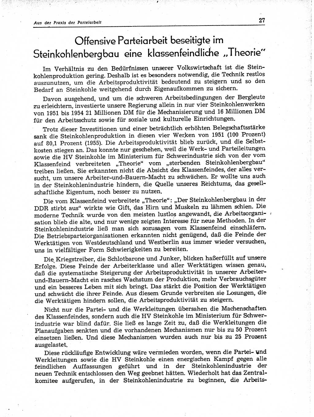 Neuer Weg (NW), Organ des Zentralkomitees (ZK) der SED (Sozialistische Einheitspartei Deutschlands) für Fragen des Parteiaufbaus und des Parteilebens, 11. Jahrgang [Deutsche Demokratische Republik (DDR)] 1956, Seite 27 (NW ZK SED DDR 1956, S. 27)