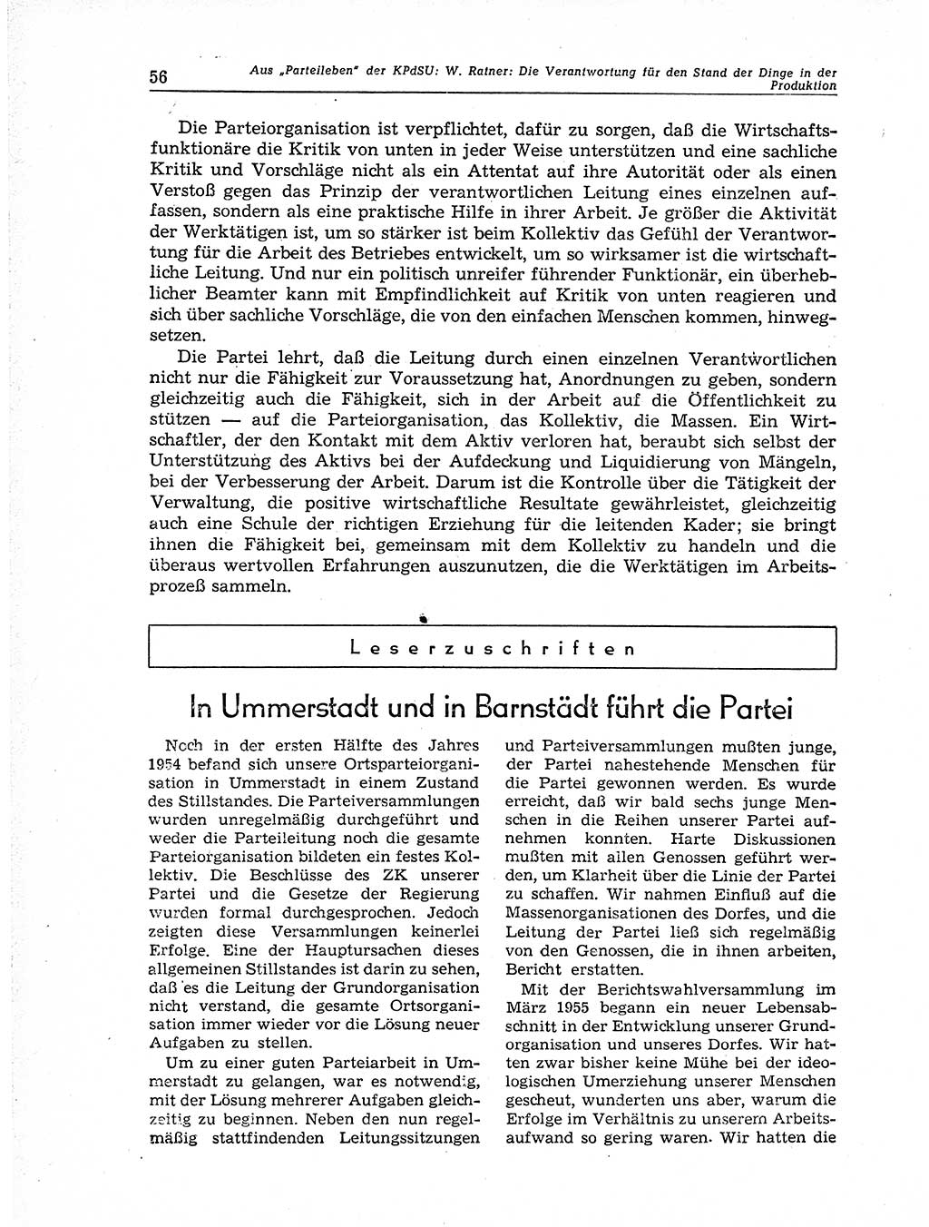 Neuer Weg (NW), Organ des Zentralkomitees (ZK) der SED (Sozialistische Einheitspartei Deutschlands) für Fragen des Parteiaufbaus und des Parteilebens, 11. Jahrgang [Deutsche Demokratische Republik (DDR)] 1956, Seite 56 (NW ZK SED DDR 1956, S. 56)