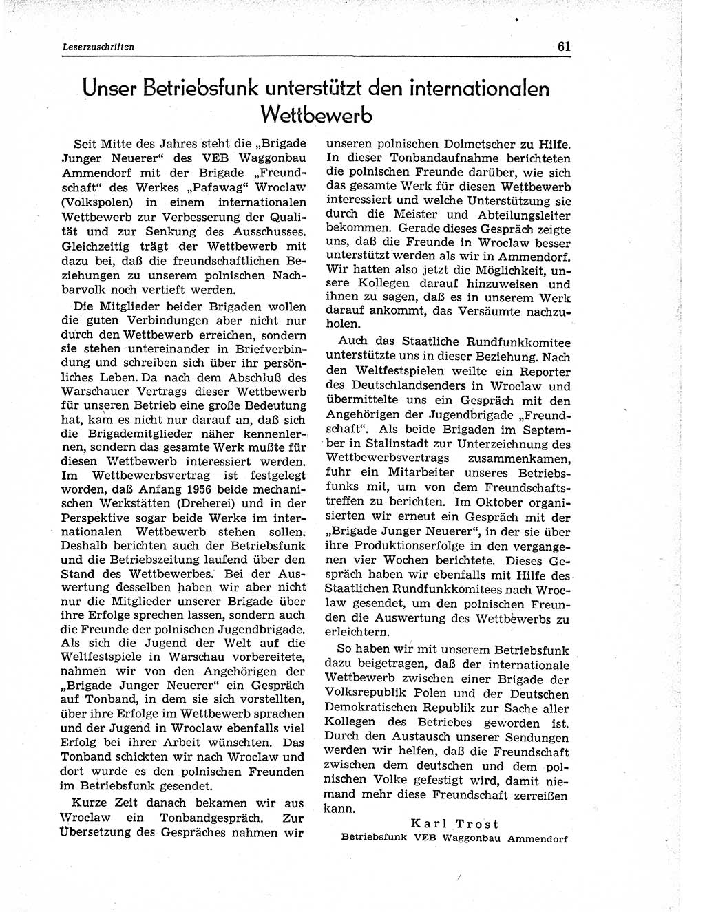 Neuer Weg (NW), Organ des Zentralkomitees (ZK) der SED (Sozialistische Einheitspartei Deutschlands) für Fragen des Parteiaufbaus und des Parteilebens, 11. Jahrgang [Deutsche Demokratische Republik (DDR)] 1956, Seite 61 (NW ZK SED DDR 1956, S. 61)