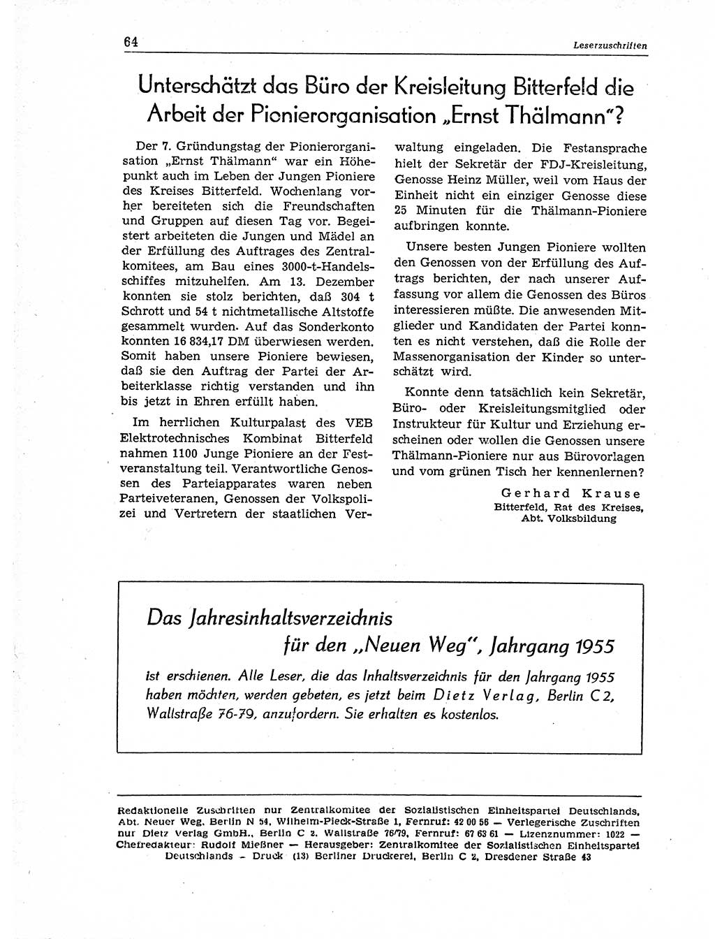 Neuer Weg (NW), Organ des Zentralkomitees (ZK) der SED (Sozialistische Einheitspartei Deutschlands) für Fragen des Parteiaufbaus und des Parteilebens, 11. Jahrgang [Deutsche Demokratische Republik (DDR)] 1956, Seite 64 (NW ZK SED DDR 1956, S. 64)