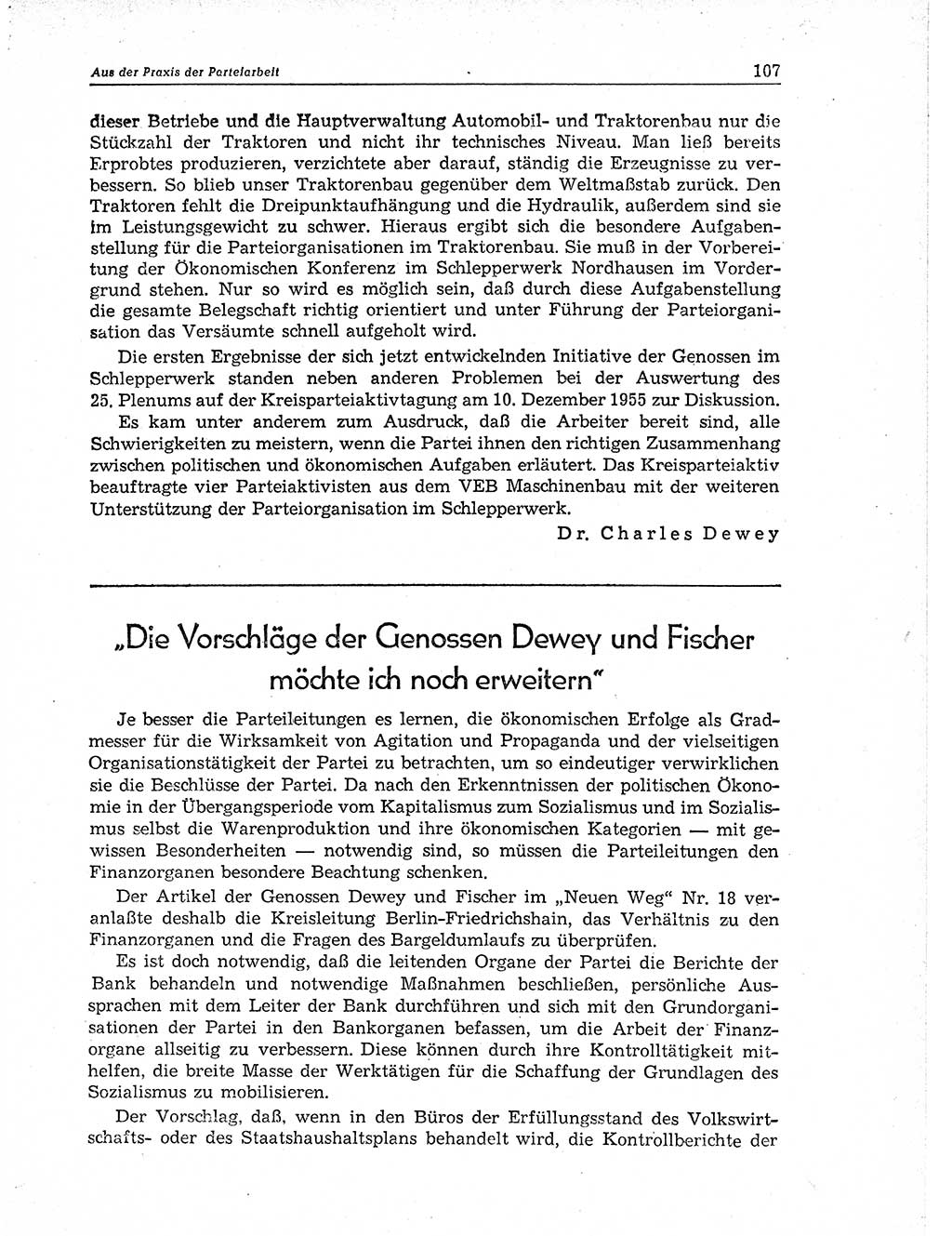 Neuer Weg (NW), Organ des Zentralkomitees (ZK) der SED (Sozialistische Einheitspartei Deutschlands) für Fragen des Parteiaufbaus und des Parteilebens, 11. Jahrgang [Deutsche Demokratische Republik (DDR)] 1956, Seite 107 (NW ZK SED DDR 1956, S. 107)