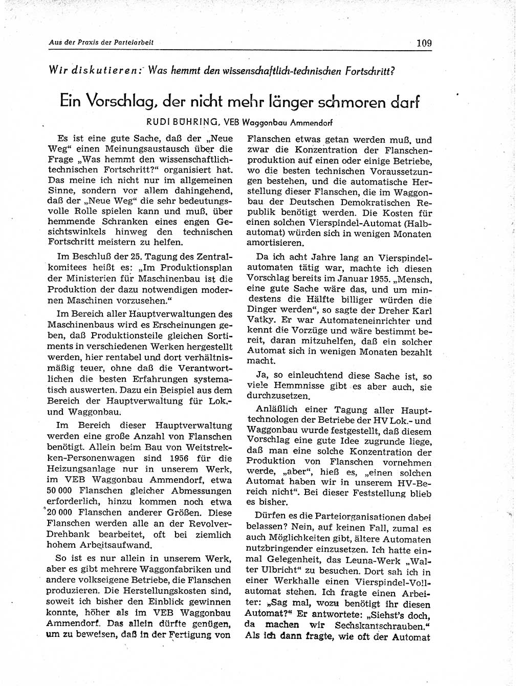 Neuer Weg (NW), Organ des Zentralkomitees (ZK) der SED (Sozialistische Einheitspartei Deutschlands) für Fragen des Parteiaufbaus und des Parteilebens, 11. Jahrgang [Deutsche Demokratische Republik (DDR)] 1956, Seite 109 (NW ZK SED DDR 1956, S. 109)