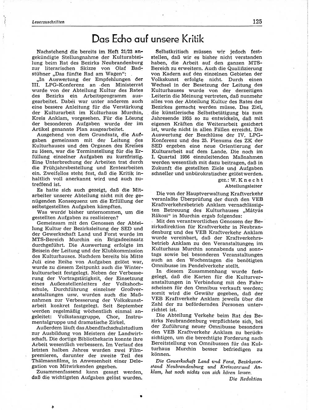 Neuer Weg (NW), Organ des Zentralkomitees (ZK) der SED (Sozialistische Einheitspartei Deutschlands) für Fragen des Parteiaufbaus und des Parteilebens, 11. Jahrgang [Deutsche Demokratische Republik (DDR)] 1956, Seite 125 (NW ZK SED DDR 1956, S. 125)