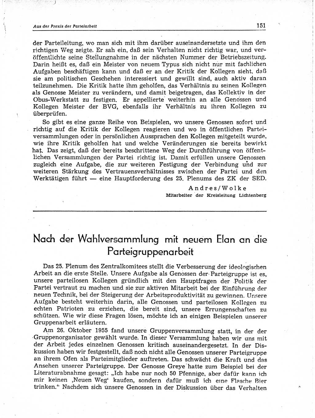 Neuer Weg (NW), Organ des Zentralkomitees (ZK) der SED (Sozialistische Einheitspartei Deutschlands) für Fragen des Parteiaufbaus und des Parteilebens, 11. Jahrgang [Deutsche Demokratische Republik (DDR)] 1956, Seite 151 (NW ZK SED DDR 1956, S. 151)