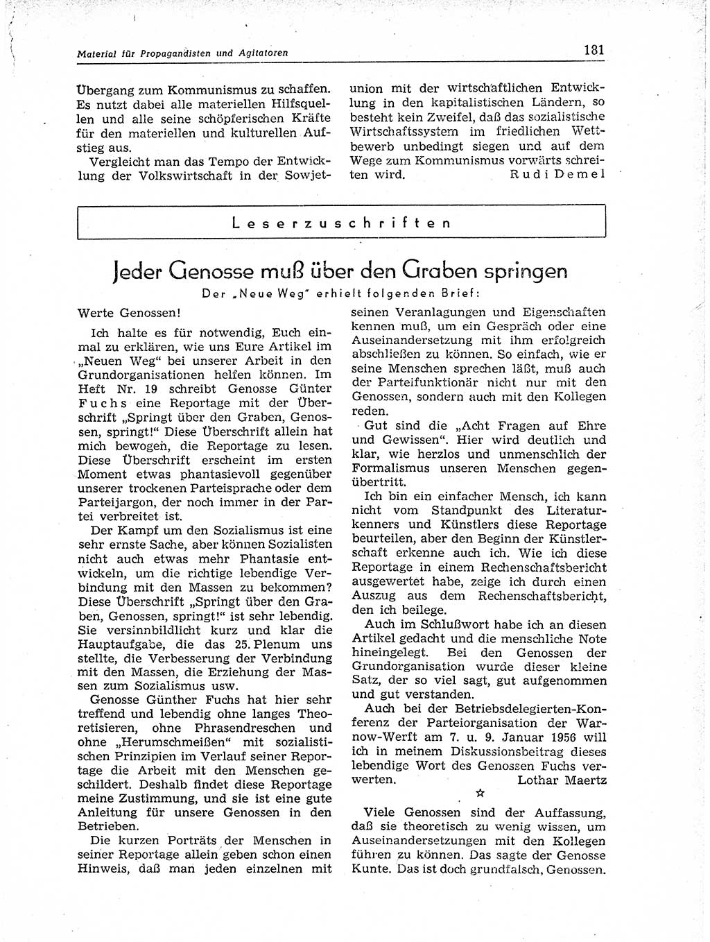 Neuer Weg (NW), Organ des Zentralkomitees (ZK) der SED (Sozialistische Einheitspartei Deutschlands) für Fragen des Parteiaufbaus und des Parteilebens, 11. Jahrgang [Deutsche Demokratische Republik (DDR)] 1956, Seite 181 (NW ZK SED DDR 1956, S. 181)