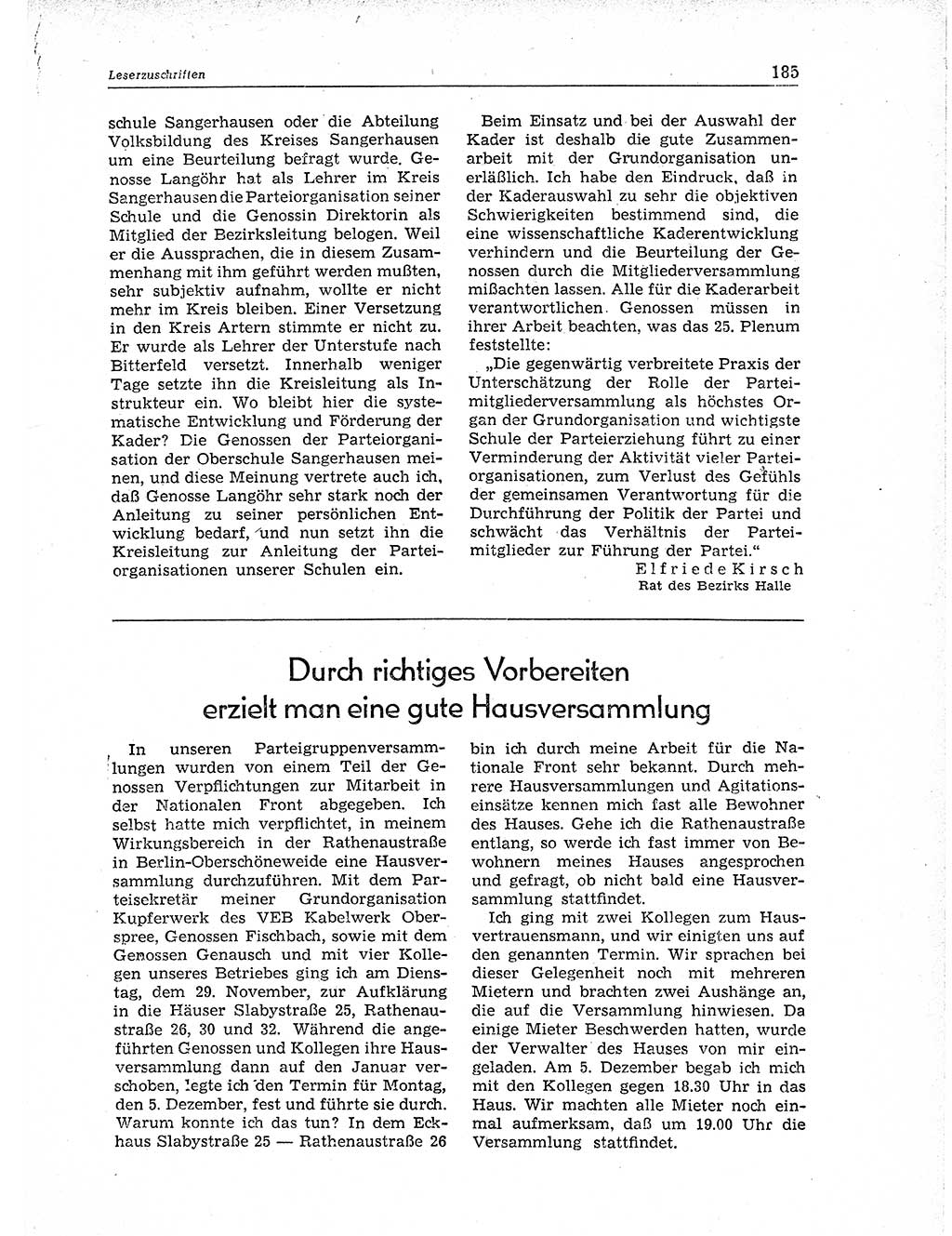 Neuer Weg (NW), Organ des Zentralkomitees (ZK) der SED (Sozialistische Einheitspartei Deutschlands) für Fragen des Parteiaufbaus und des Parteilebens, 11. Jahrgang [Deutsche Demokratische Republik (DDR)] 1956, Seite 185 (NW ZK SED DDR 1956, S. 185)